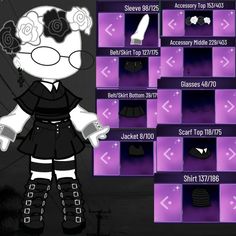 an animated character is standing in front of purple boxes with black and white designs on them