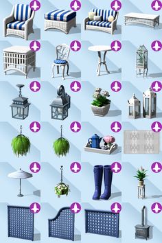 an image of outdoor furniture and accessories in various styles, colors and sizes on a blue background