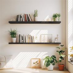 two shelves with plants and books on them