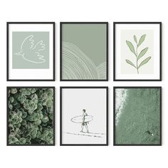 four framed art prints featuring surfers and succulents in shades of green