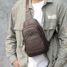 Style: Street Trend Material: Genuine Leather Leather characteristics: First Layer Cowhide Features: Waterproof, Wear-Resistant, Expansion Pattern: Solid Color Fashion Element: Sewing Line Occasion: Daily Matching Leather Shoulder Bag Men, Leather Sling Bag, Chic Type, Messenger Bag Men, Shoulder Messenger Bag, Sport Bag, Chest Bag, Medium Bags, Zipper Bags