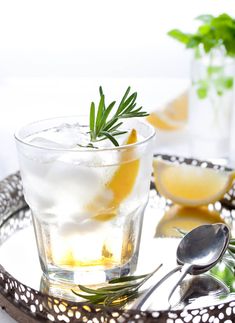 a glass filled with ice and lemon on top of a tray