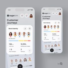 two mobile screens showing the user's profile and customer journey, with different icons on them