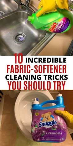 a sink with cleaning products on it and the words 10 incredible fabric - softener cleaning tricks you should try