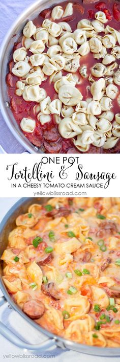 one pot tortellini and sausage casserole in a cheesy tomato cream sauce