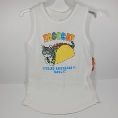 Tacocat Spelled Backwards Is Tacocat Brand New Playful Cat Print Tops For Summer, Playful Cat Print Summer Tops, Playful White Stretch Top, Boys Tank Tops, Taco Cat, Cat Tanks, Kids Tank Tops, Girls Unique, Cool Tanks