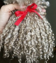 a person holding up a piece of gray hair with a red ribbon on it's back