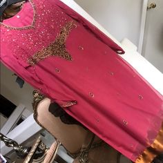 Beautiful Brand New Chiffon 3piece Set With Dull Gold Embroidery. Bust 22" Shoulder 16" Indian Party, Indian Party Wear, Gold Embroidery, Pink Gold, Pink And Gold, Party Wear, Pink Ladies, Chiffon, Long Sleeve Dress