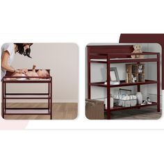 a baby changing table with a shelf next to it and an image of a woman holding a baby