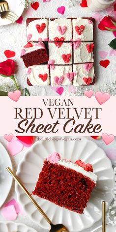 vegan red velvet sheet cake with white frosting and pink hearts on the side