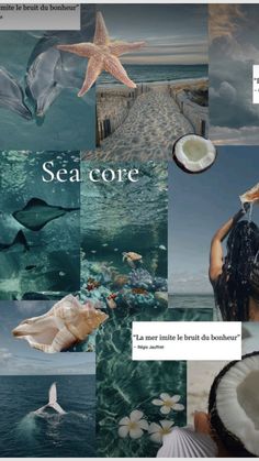 a collage of images with words and pictures on them, including seashells