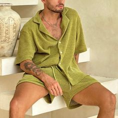 Summer Solid Breathable Knitted Set Men Casual Button Lapel Shirt Top and Drawstring Shorts Suit Mens Loungewear Summer, Suits Men Outfits, Two Piece Suits Men, Frat Boy Outfit, Summer Wear Men, Resort Casual, Mens Casual Suits, Two Piece Suits, Suits Men