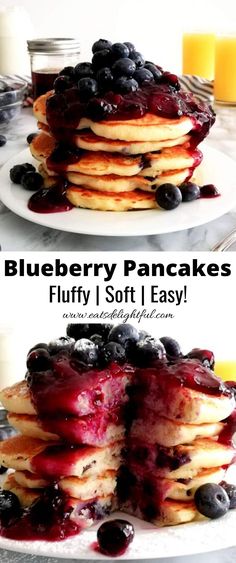 blueberry pancakes are stacked on top of each other