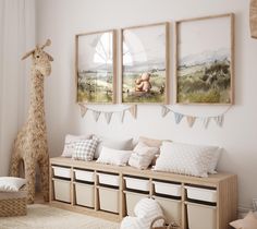 a baby's room decorated in neutral tones with stuffed giraffes and toys