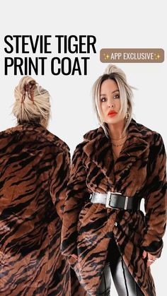 Pebby Forevee | Stevie Tiger Print Long Winter Coat: womens coat, winter style, winter outfit, bold outfit, statement coat, statement belt, big buckle belt, cute coat for winter, animal print coat, fuzzy jacket, cozy jacket Coat For Winter, Statement Belt, Cute Coats, Cozy Jacket, Long Winter Coats