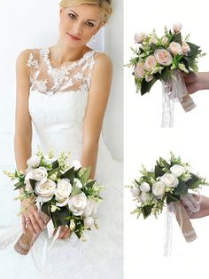 the bride is holding her wedding bouquet and posing for pictures in front of the camera