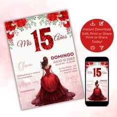 an image of a red dress and flowers on the cover of a wedding announcement card