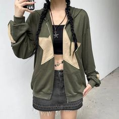 TAVIMART - Hooded Coat Drawstring Zip Up Star Print Feature Fashionable Women S Autumn Casual Long Sleeve Hoodie Loose Casual Hooded Top Autumn Casual, Hooded Top, Hooded Tops, Hooded Coat, Casual Fall, Star Print, Long Sleeve Hoodie, Army Green, Zip Ups