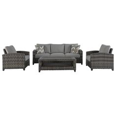 an outdoor furniture set with gray cushions