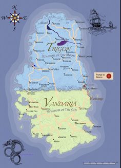 an illustrated map of the island of vandaria with its surrounding towns and roads