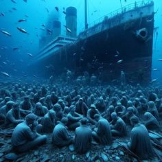 a group of people sitting on the ground in front of a large ship under water