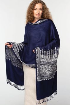 Our Vimala Embroidered Shawl features exquisite embroidery on soft 100% viscose that has the look and feel of wool, but can be worn by people with wool sensitivities. This classically beautiful shawl showcases the intricate embroidery traditions of Northern India with white embroidery on a rich navy blue base. Sevya offers a stunning collection of embroidered Indian shawls, in a range of patterns and colors to suit any occasion. Luxury Blue Shawl Dupatta, Luxury Blue Bohemian Shawl, Luxury Embroidered Blue Shawl, Embroidered Shawl, Intricate Embroidery, White Embroidery, Steel Blue, Shawls And Wraps, Scarf Wrap