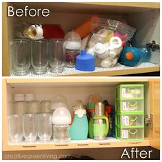 two shelves filled with bottles and containers next to each other