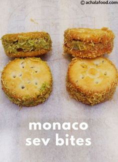 there are four small sandwiches on top of each other with the words monaco sev bites