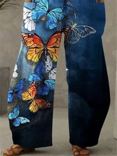 Women's Loose Long Pant Butterfly Print Vintage Blue Pant with Pocket Blue Full-length Bottoms For Spring, Blue Full-length Pants For Spring, Blue Pants For Summer, Blue Bottoms For Spring, Blue Non-stretch Wide Leg Trousers, Blue Baggy Wide Leg Pants, Blue Baggy Pants For Spring, Blue Baggy Trousers, Blue Wide-leg Summer Jeans