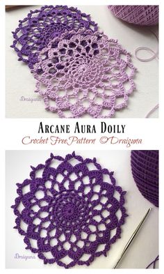 crochet lace doily is shown in three different colors, including purple and white