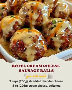 some cheese balls are in a white dish on a wooden table with the words, hotel cream cheese sausage balls you will need