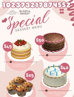 an info sheet with cakes and cupcakes for special dessert menu or price list