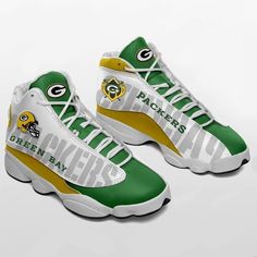 a pair of green bay packers sneakers on white and yellow shoes with the words green bay