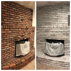 two pictures side by side of a brick fireplace and an open fire place with a sheet draped over it