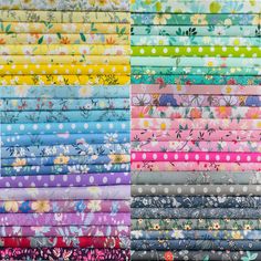 a stack of colorful fabrics with polka dots and flowers on them, all in different colors