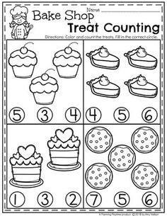 a printable worksheet for kids to learn how to bake shop and treat counting