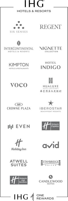 the logos for hotels and resortes are shown in black and white, with different font styles