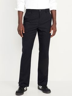 Tailored Tapered Leg Pants With Vertical Stripes, Pinstripe Tapered Leg Business Casual Pants, Pinstripe Tapered Leg Business Bottoms, Tailored Pants With Vertical Stripes And Tapered Leg, Tailored Pinstripe Pants For Spring, Pinstripe Formal Bottoms With Pockets, Pinstripe Bottoms With Welt Pockets For Work, Pinstripe Bottoms With Pockets For Formal Occasions, Pinstripe Bottoms With Pockets For Work