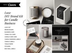 the packaging design for candle brand is shown in black and white images, including an image of