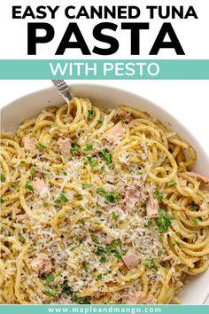 pasta with tuna and parmesan cheese in a white bowl