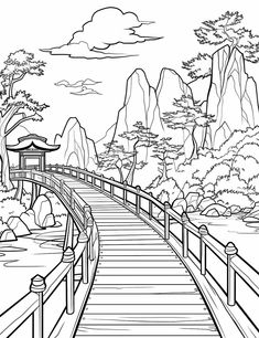 a drawing of a bridge over water with mountains in the background