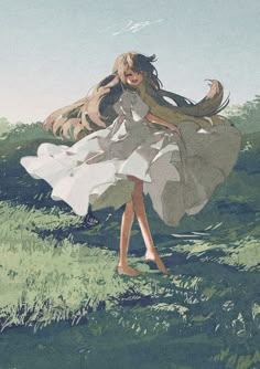 a drawing of a woman with long hair in a white dress running through the grass