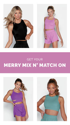 four women in different outfits with the words merry mix'n match on them,