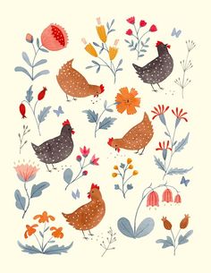 an illustration of chickens and flowers on a white background with red, orange, blue, yellow and green leaves