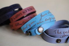 Your favorite quote custom engraved leather wrap by BookFiend, $24.00... Already passed this on as a Christmas wish Leather Crafts, Leather Bracelets, Leather Wrap Bracelet, Looks Style, Leather Wraps, Girls Best Friend, Crafts Ideas, Bling Bling, Custom Engraving