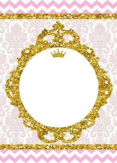 a pink and gold frame with a crown on it's center, against a chevron background