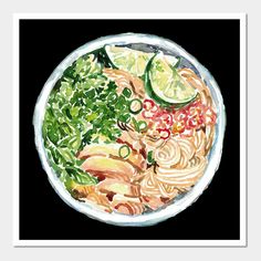 a watercolor painting of a bowl of noodles with limes, tomatoes and other vegetables