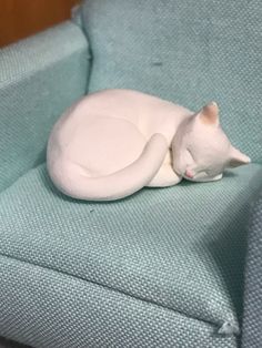 a white cat laying on top of a blue couch