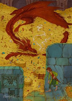 an illustration of a red dragon flying over a person in a yellow room with other items