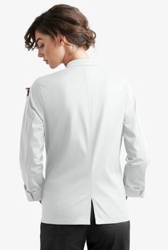 A comfortable classic with a neat secret. This double-breasted Chef Coat has a reversible closure! Splash something on the front? No worries. Just unbutton, flip sides and rebutton. There are certain basics every chef needs. Like a perfect set of knives … and On The Line. So durable – and always a great value • Classic fit • Stand collar • Double breasted • Reversible front closure • Pearlescent plastic buttons • 1 sleeve pocket • Long sleeves • Flip cuffs • Center back vent • Approximate length White Button-up Outerwear With Welt Pockets, White Workwear Outerwear With Welt Pockets, Chef Coats, Chef Uniforms, Bistro Apron, Chef Jackets, Chef Wear, Chef Uniform, Compression Wear